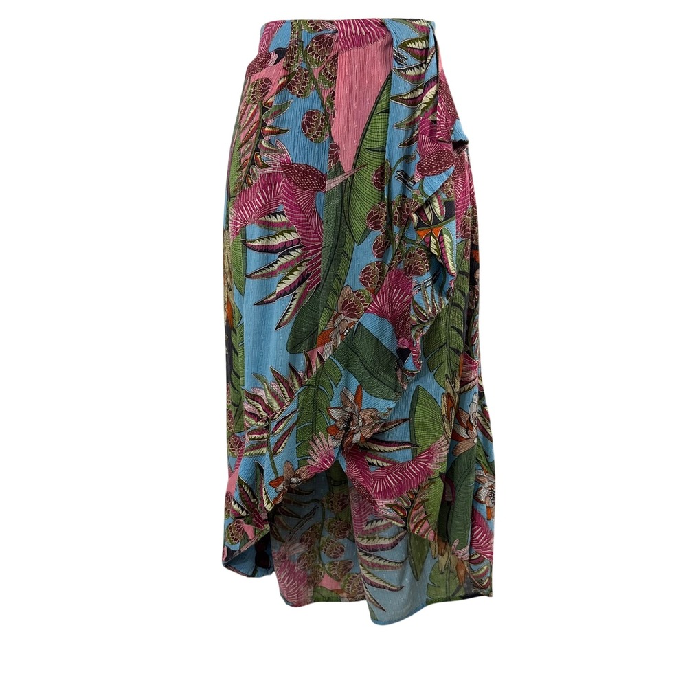 Rose & Thyme Tropical Print Faux Wrap Midi Skirt Blue Pink Green Small